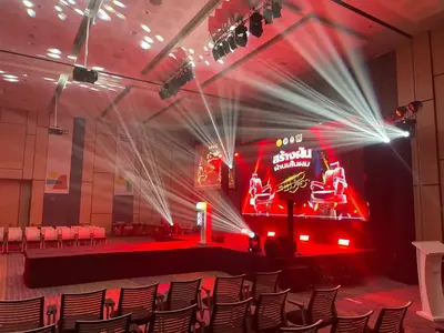 Stage design with lighting rigs and backdrop